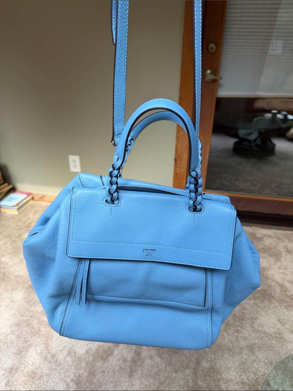 Tory Burch Half Moon LG Blue Braided-Handle Shoulder Bag Detachable Strap - Picture 14 of 16